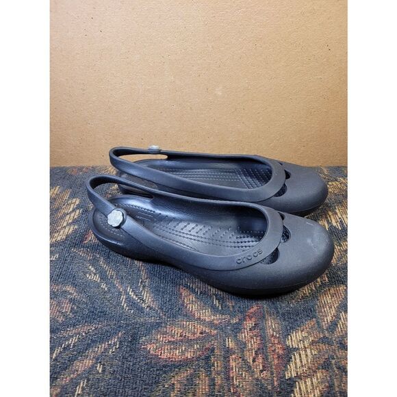 CROCS Womens Black Slingback Flats with Silver Rose Charm- Size 9 - Picture 4 of 10